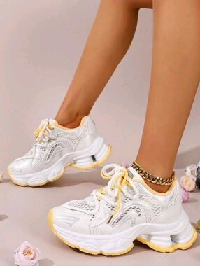 White & Yellow Platform Athletic Sneakers - Women's